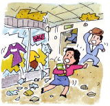 街頭では落下物に注意が必要など建物から離れる画像