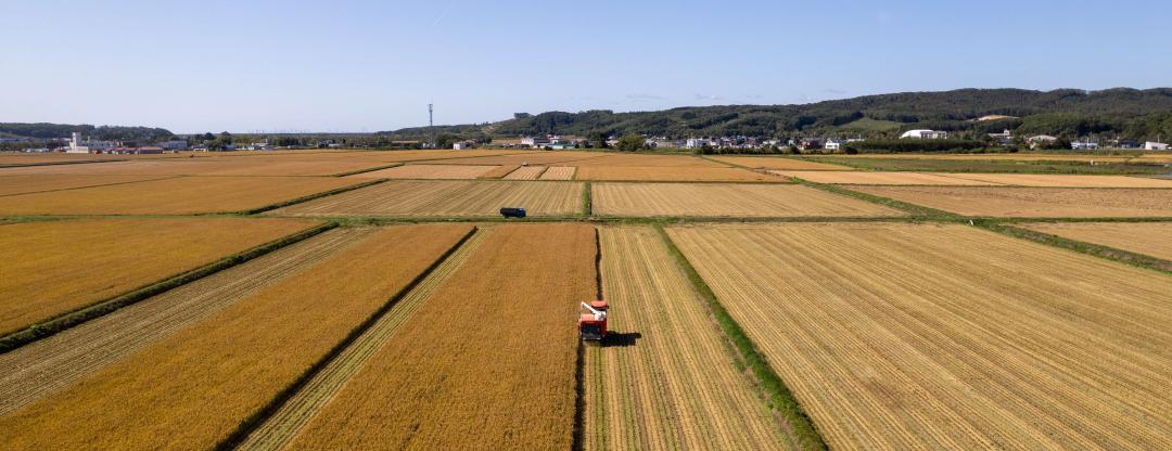 町勢要覧表紙写真（稲刈りをするコンバイン）